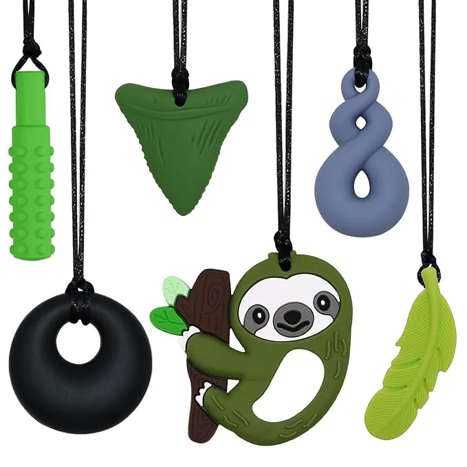 6-Pack Sensory Chew Necklaces for Kids - Silicone Chew Toys for ADHD, Autism, and Anxiety