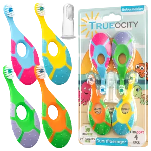 Baby Toothbrush 4 Pack, Toddler Toothbrush Age 1-2 & Bonus Silicone Finger Brush, Soft Bristles, Toddler Toothbrushes, Infant & Training w/ Teething Handle, 0-2 Years, Multi Color Set