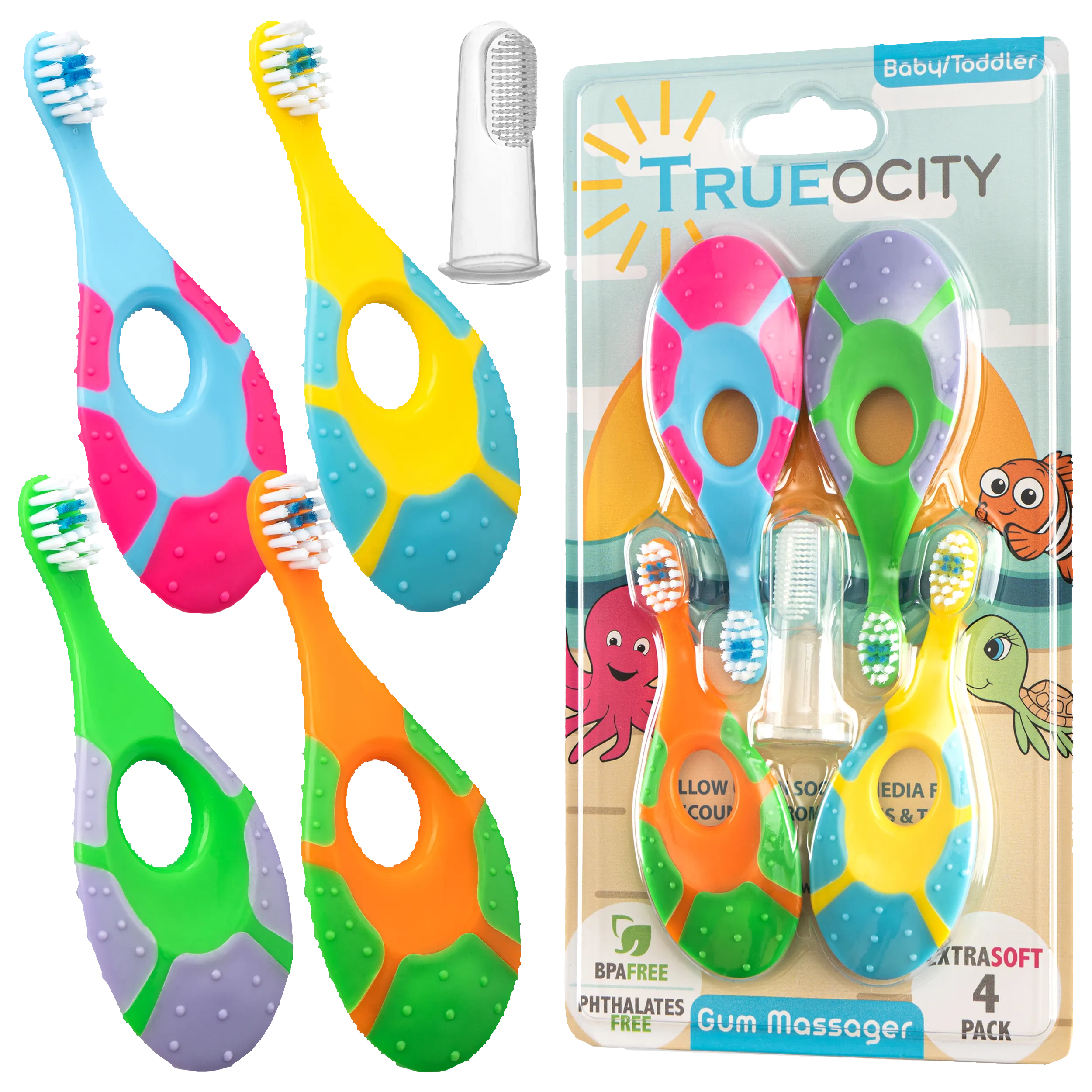 Baby Toothbrush 4 Pack, Toddler Toothbrush Age 1-2 & Bonus Silicone Finger Brush, Soft Bristles, Toddler Toothbrushes, Infant & Training w/ Teething Handle, 0-2 Years, Multi Color Set