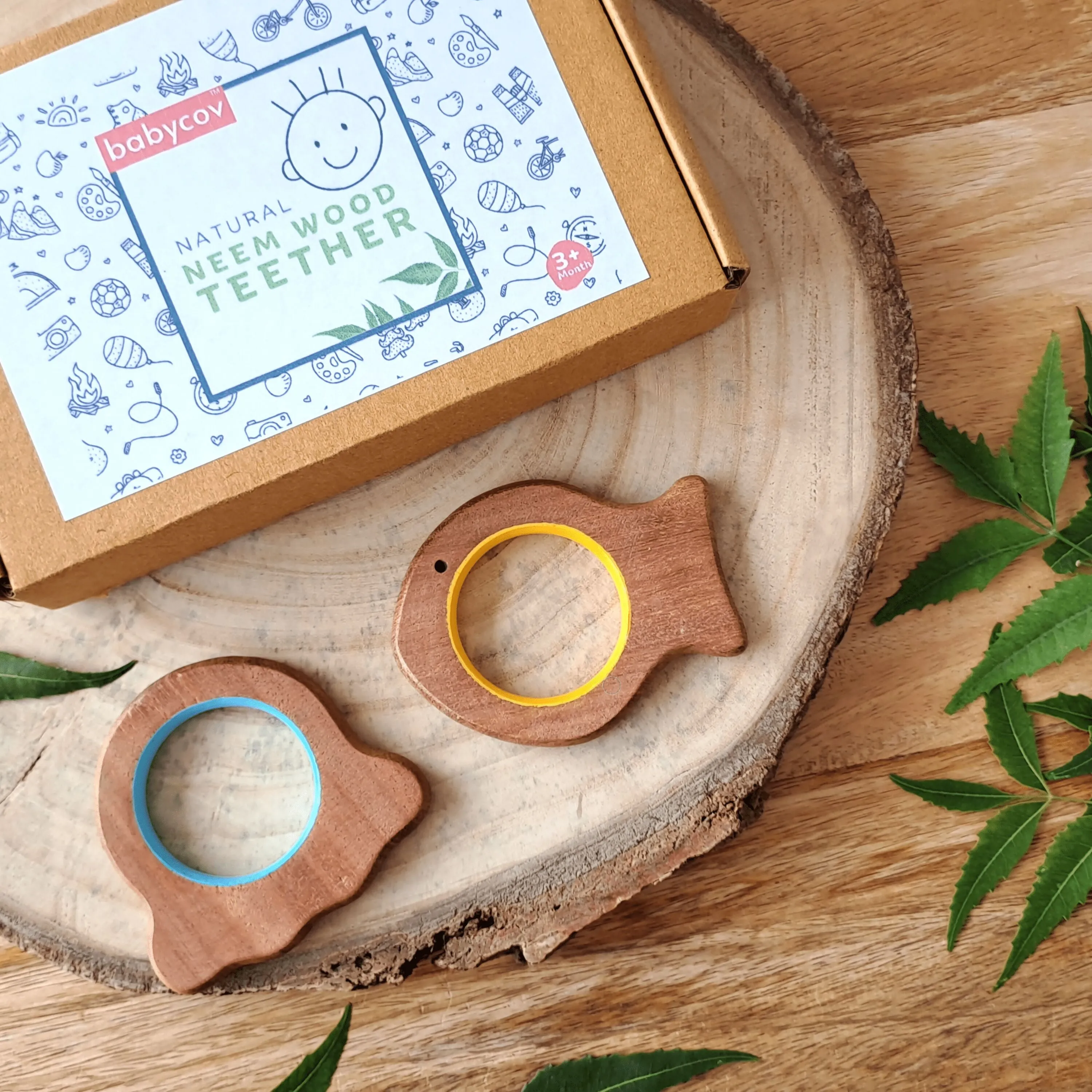 BABYCOV Cute Fish and Octopus Natural Neem Wood Teethers for Babies | Natural and Safe | Goodness of Organic Neem Wood | Both Chewing and Grasping Toy | Set of 2 (Age 4  Months)