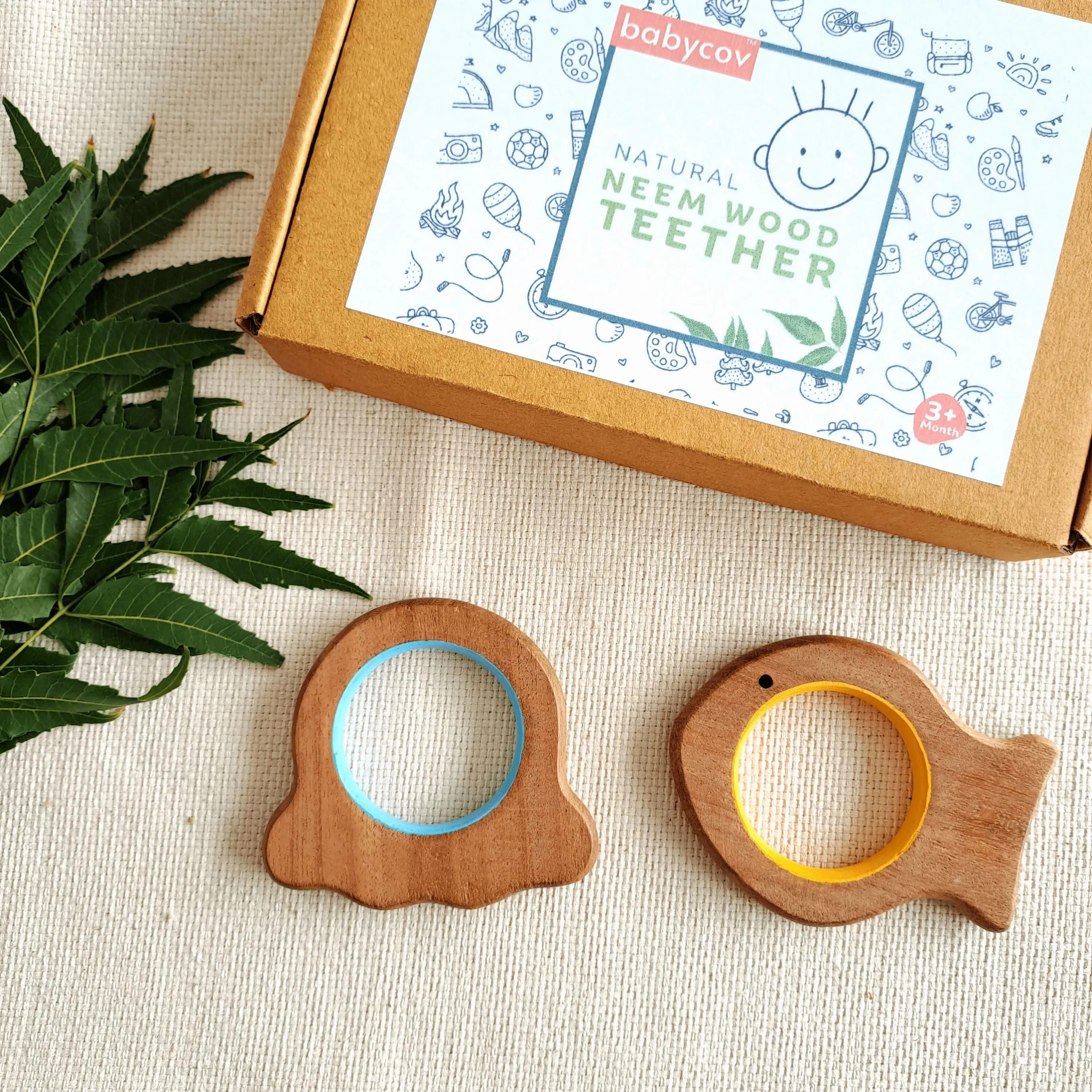 BABYCOV Cute Fish and Octopus Natural Neem Wood Teethers for Babies | Natural and Safe | Goodness of Organic Neem Wood | Both Chewing and Grasping Toy | Set of 2 (Age 4  Months)