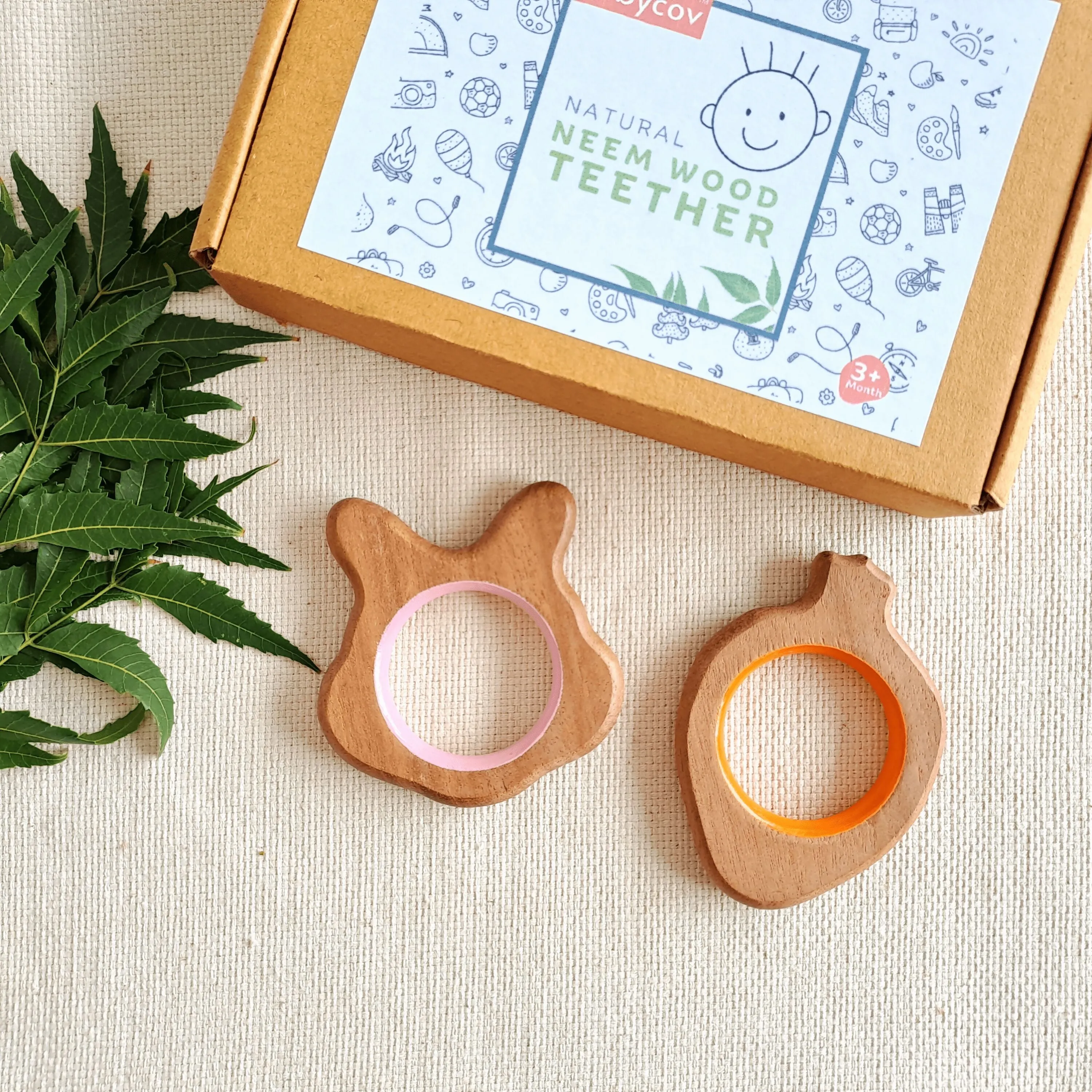 BABYCOV Cute Rabbit and Carrot Natural Neem Wood Teethers for Babies | Natural and Safe | Goodness of Organic Neem Wood | Both Chewing and Grasping Toy | Set of 2 (Age 4  Months)