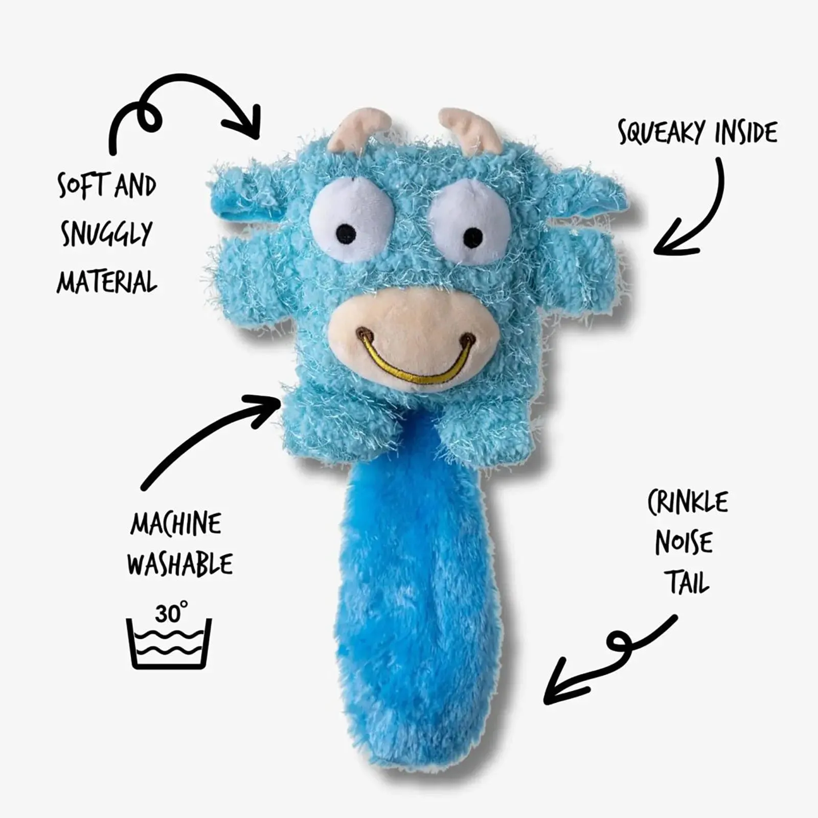 Meet Mooey Barn Buddies Dog Toy Squeaker Crinkle Tail Blue 36cm