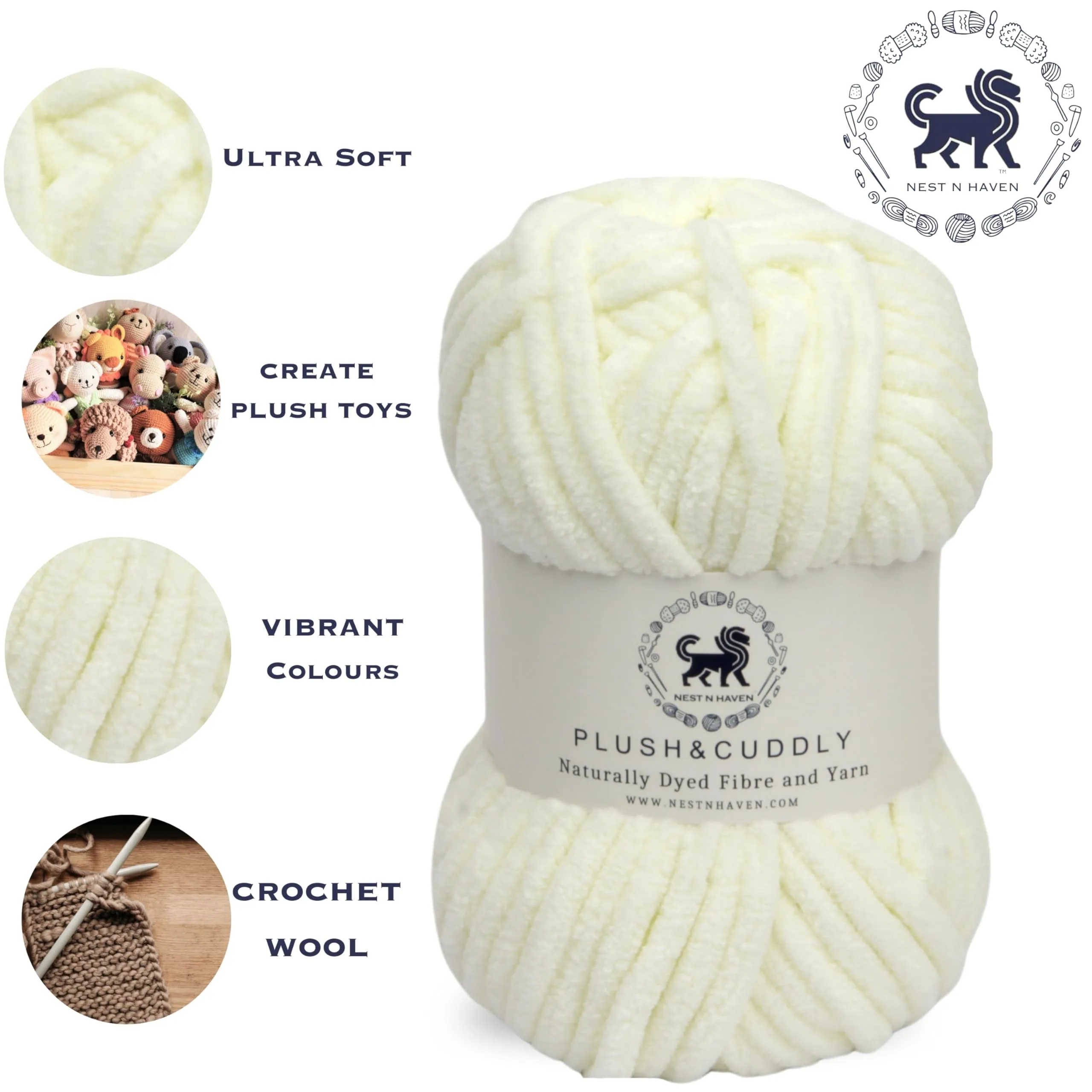 NESTNHAVEN, Wool, Plush & Cuddly, Chenille Yarn Supersoft Hand Knitting Wool Ball, (1 Ball/100 Gram Each) Ball Suitable for Craft, Babywear, Baby Blankets, 5 Bulky, Shade no - NNHB0031 (Off White)